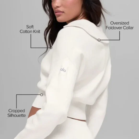 NWT Alo Scholar Knit Cropped Full zip jacket ivory - Picture 2 of 8